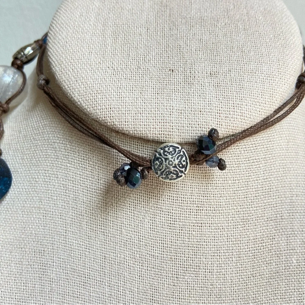 Premier Designs Chambray necklace blue white silvertone beads on cord with bolo
